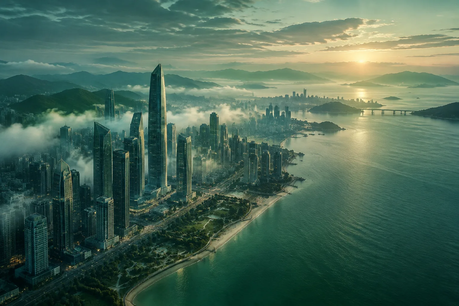 晨雾中的粤港澳大湾区海岸城市