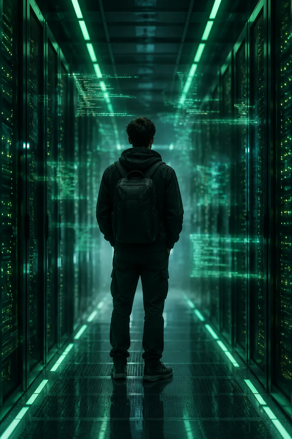 开发者站在绿色机柜走廊中，代表代码与构建能力